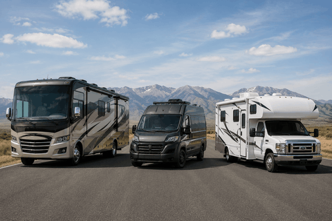 Three RV classes side by side; Class A motorhome, Class B camper van, and Class C RV.