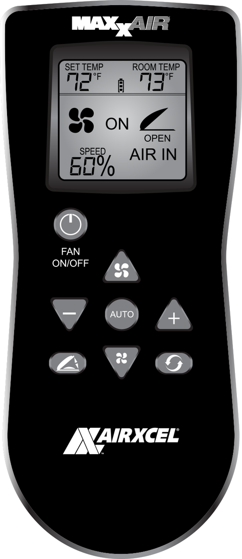 Black MaxxAir AirXcel Remote Control 00-05301K - Front View | United RV Parts