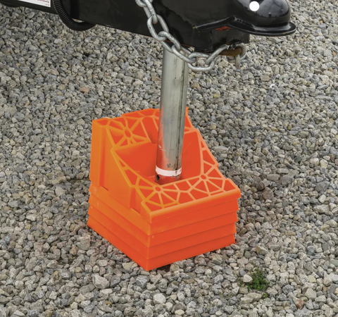 Orange RV Leveling Chock in Use with Stabilizer Jack - Installation View | United RV Parts