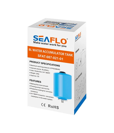 Seaflo SFAT-087-021-01 2 Gallon Water Accumulator Tank Retail Packaging with Specs - Box View | United RV Parts