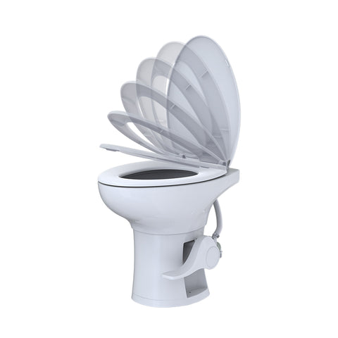 White Seaflo Residential Height RV Toilet - Soft Close Seat Open View | United RV Parts