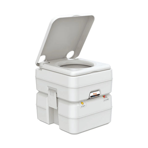 Light Grey Seaflo SFPT-20-02 Portable RV Toilet 5.3 Gallon - Lid Open Front Angle | United RV Parts