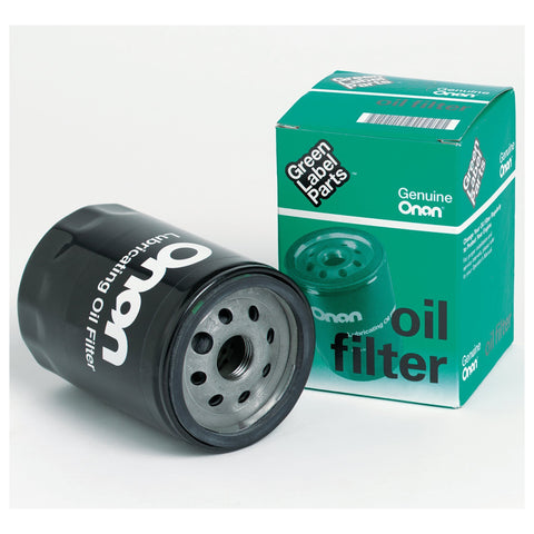 Black Cummins Onan 122-0800 Generator Oil Filter - Side View with Packaging | United RV Parts