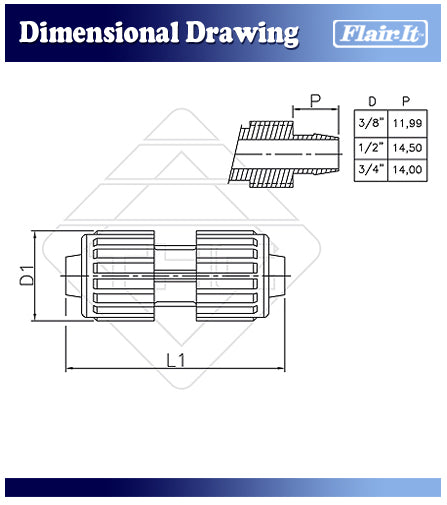 Flair-It 3/8" P Coupler Dimensional Drawing with D and P Measurements | United RV Parts