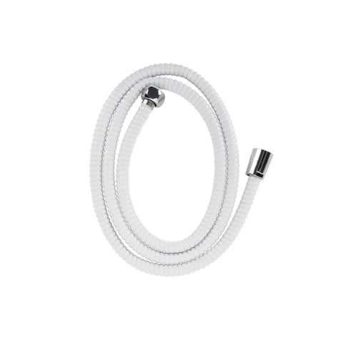 White Flexible RV Shower Hose with Chrome Fittings - Coiled Flat Lay | United RV Parts