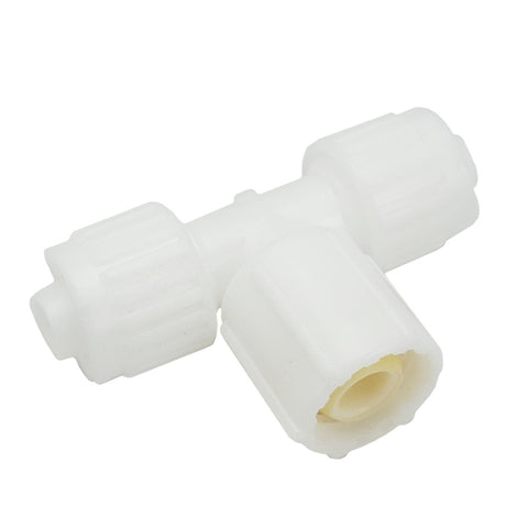 White Plastic Flair-It 1/2 Inch FPT Tee Fitting - Angled View | United RV Parts