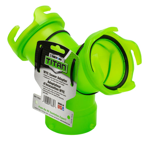 Green Thetford Titan WYE Sewer Adapter 17832 with Package - Angled View | United RV Parts