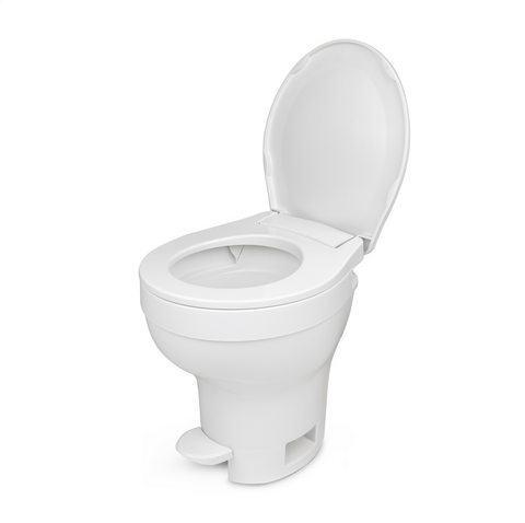 White Plastic RV Toilet with Open Lid - Top Angle View | United RV Parts