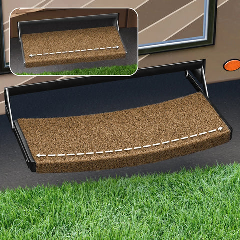 Buckskin Brown Prestofit Universal RV Entry Step Rug 22" installed on RV step - Lifestyle View | United RV Parts