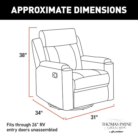 Thomas Payne Swivel Recliner Dimensions Chart - 38x34x31 Inches | United RV Parts