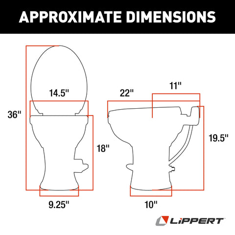 RV Toilet Dimensions Chart - Lippert Flow Max Model 2022113192 | United RV Parts