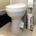 White Elongated RV Toilet - Front View with Foot Pedal in Bathroom | United RV Parts