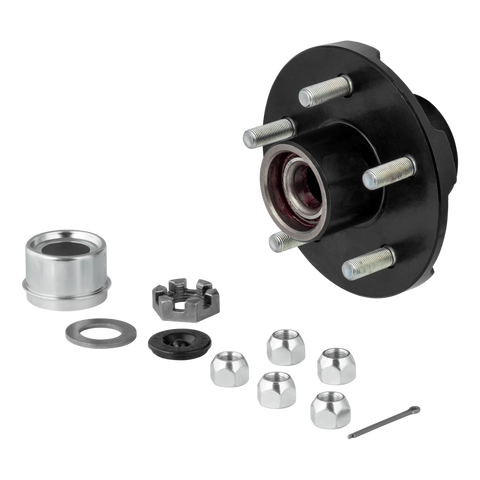 Black Lippert Idler Hub Kit with lug nuts, dust cap, spindle nut and cotter pin - Angled View | United RV Parts