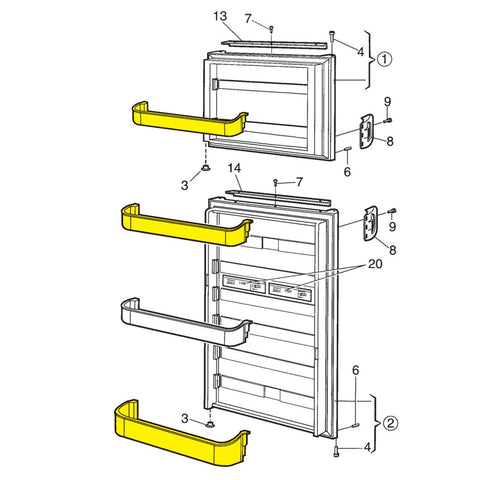 Dometic RV Refrigerator Door Diagram - Parts Schematic with Yellow Highlighted Shelves | United RV Parts