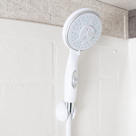 White Camco RV Handheld Shower Head with On/Off Switch Mounted on Tile Wall - In-Use Lifestyle | United RV Parts