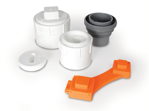 Orange RhinoFLEX Wrench with Various White and Gray Cleanout Plugs - Group View | United RV Parts