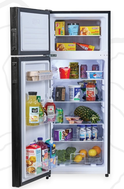 Black InVision 12V Double Door RV Refrigerator - Interior View with Full Food Load | United RV Parts