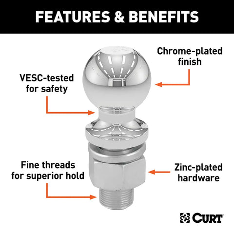 Curt 40030 Features & Benefits Diagram - Chrome Plated Hitch Ball | United RV Parts