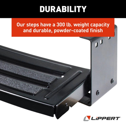 Lippert RV Manual Step Close-Up - 300 lb Capacity Black Powder-Coated Steel Tread Detail | United RV Parts