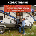 RV Step Compact Design in Use - Woman and Child at Tesla Travel Trailer | United RV Parts