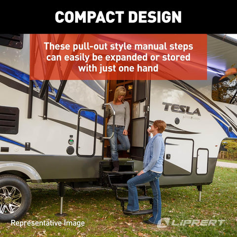 RV Step Compact Design in Use - Woman and Child at Tesla Travel Trailer | United RV Parts