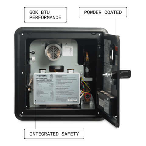 Dometic | 60,000 BTU Tankless Water heater; Includes Black Door | 9630002210  | WH-TL-60G-AM-BA | Electronic Ignition | Adjustable Temperature | Built-In Freeze Control | Black