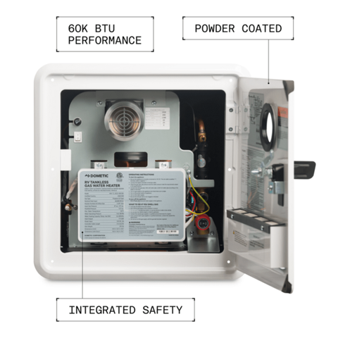 Dometic | 60,000 BTU Tankless Water heater; Includes White Door | 9630002209  | WH-TL-60G-AM-WA | Electronic Ignition | Adjustable Temperature | Built-In Freeze Control | White
