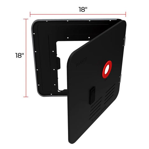 Black Steel Water Heater Door with Dimensions - Open Side View | United RV Parts
