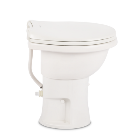 White Dometic 410 Tall RV Toilet - Side Angle View with Flush Handle | United RV Parts