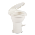 White Dometic 410 Tall RV Toilet - Three Quarter View with Seat Raised | United RV Parts