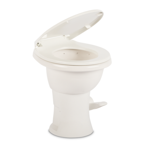 White Dometic 410 Tall RV Toilet - Three Quarter View with Seat Raised | United RV Parts