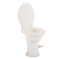 White Dometic 410 Tall RV Toilet - Front View with Seat Open | United RV Parts