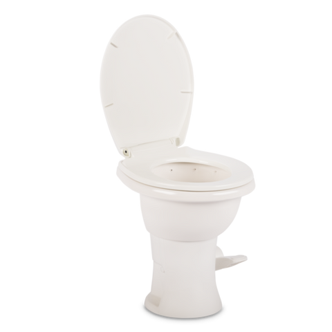 White Dometic 410 Tall RV Toilet - Front View with Seat Open | United RV Parts