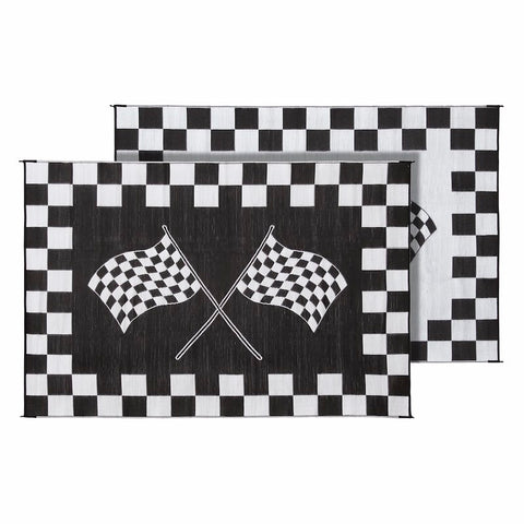 Black & White Checkered RV Patio Mat Both Sides Shown - Flat Lay | United RV Parts