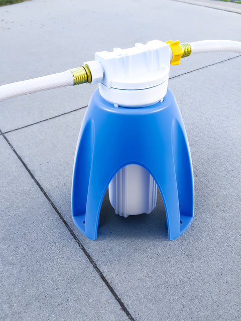 Camco Water Filter Stand with Inline Filter Setup - Outdoor Concrete Installation | United RV Parts