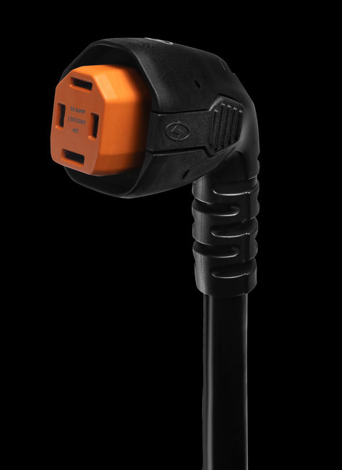 Black SmartPlug 50 Amp RV Angled Head - Close-up Detail with Orange Socket | United RV Parts
