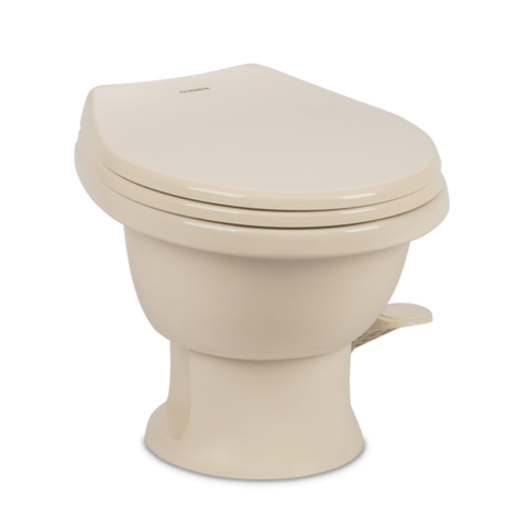 Bone Dometic 411 Low Profile RV Toilet 9610008262 - Front 3/4 View Seat Closed | United RV Parts