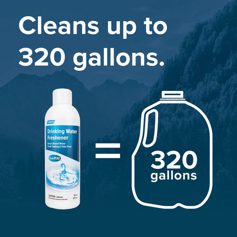 Camco TastePURE Capacity Comparison - 16 oz Cleans 320 Gallons Infographic | United RV Parts