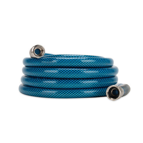 Blue Reinforced RV Water Hose with Metal Fittings - Coiled View | United RV Parts