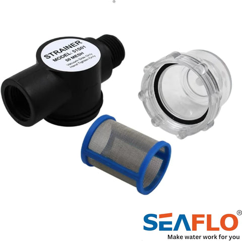 Seaflo 51S01 RV Inline Water Strainer - Exploded Parts View with Mesh Filter & Clear Bowl | United RV Parts