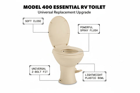 Dometic Model 400 Essential RV Toilet Feature Diagram - Soft Close Spray Flush 2-Bolt | United RV Parts