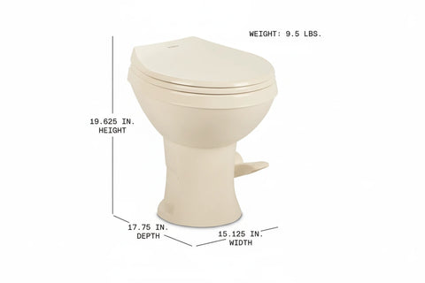 Bone Dometic 400 RV Toilet Dimensions 19.625in H x 17.75in D x 15.125in W - Side View | United RV Parts