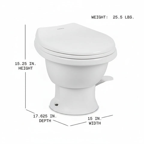 White Dometic 411 RV Toilet 9610008263 - Dimensions Diagram 15.25in H x 17.625in D x 15in W | United RV Parts