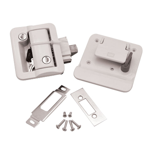 White Wesco RV Entry Door Lock 43610-09 Complete Kit with Hardware - Flat Lay | United RV Parts