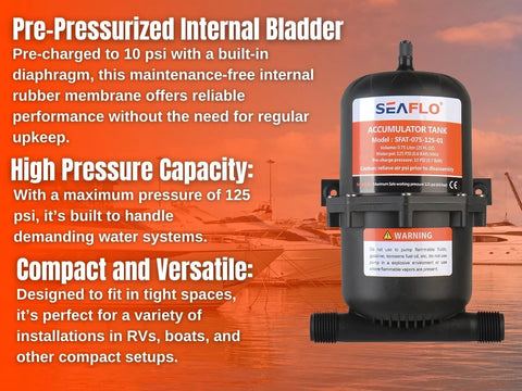 Seaflo Accumulator Tank SFAT-075-125-01 Pre-Pressurized Bladder Feature Callout - RV Water Pump | United RV Parts