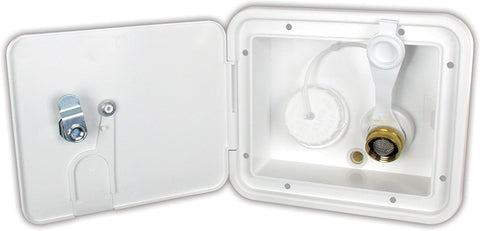 Polar White JR Products RV City Water Hatch K7112-6-A Open View Showing Key Lock and Brass Inlet | United RV Parts