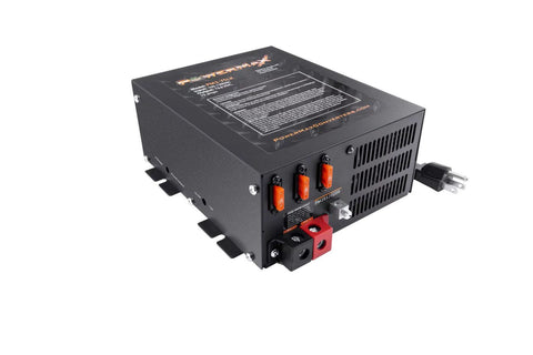 Black PowerMax PM3 Series RV Power Converter - 3/4 Angle View Showing Terminals | United RV Parts
