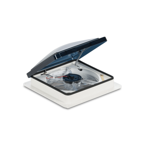 White Dometic Fantastic Vent 7350 RV Fan - Angled View Open | United RV Parts