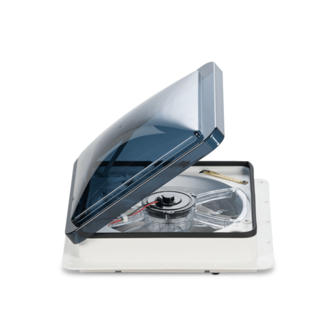 White Dometic Fantastic Vent 7350 RV Fan - Side Angle Open View | United RV Parts