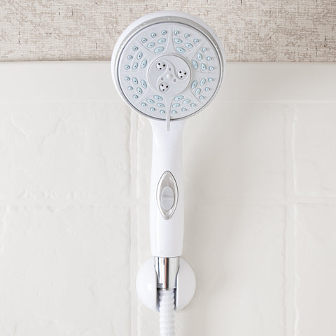 White Camco 43714 RV Handheld Shower Head with On/Off Switch in Wall Holder - Front Lifestyle View | United RV Parts